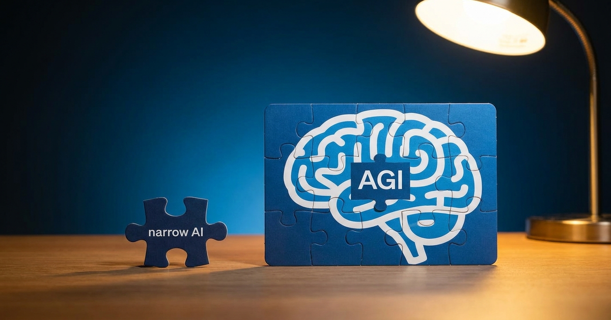 A single puzzle piece labeled narrow AI next to a full assembled puzzle labeled AGI, dark blue gradient background, no r