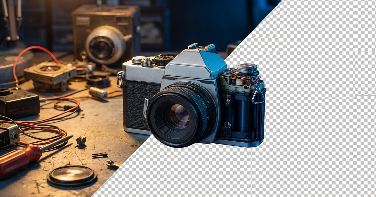 A product photo mid-cutout, half still on its original cluttered background and half already isolated on transparent che A product photo mid-cutout, half still on its original cluttered background and half already isolated on transparent che