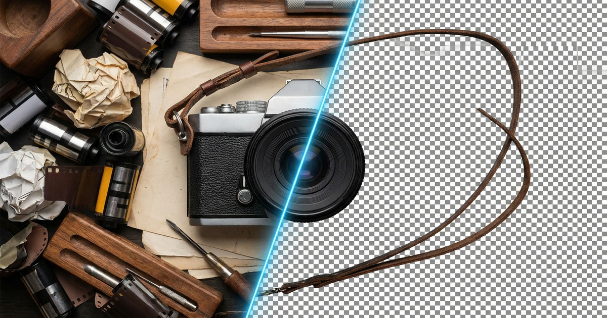 A product photo mid-cutout, half still on its original cluttered background and half already isolated on a transparent checkerboard, representing AI background removal tools compared A product photo mid-cutout, half still on its original cluttered background and half already isolated on a transparent checkerboard, representing AI background removal tools compared