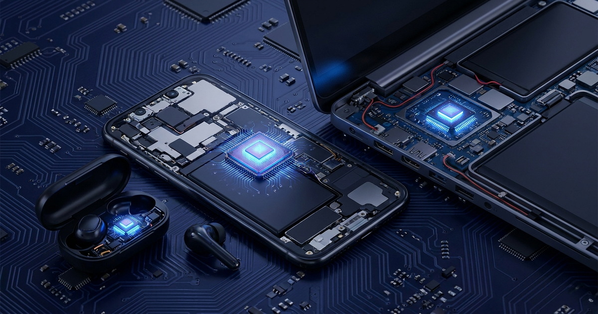 A phone, a laptop, and a pair of earbuds shown in cutaway with a small glowing chip highlighted inside each one, dark bl A phone, a laptop, and a pair of earbuds shown in cutaway with a small glowing chip highlighted inside each one, dark bl