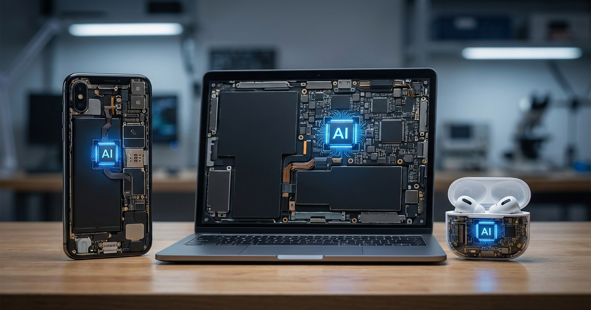 A phone, laptop, and earbuds shown in cutaway with a small glowing AI chip highlighted inside each device, representing the AI chips in your devices explainer A phone, laptop, and earbuds shown in cutaway with a small glowing AI chip highlighted inside each device, representing the AI chips in your devices explainer