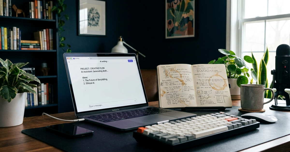 Content creator's desk with a laptop showing an AI writing interface next to a notebook of handwritten ideas, dark blue 