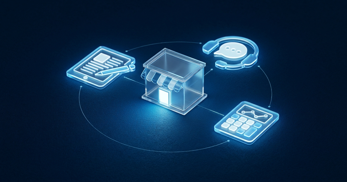 AI tool icons for content, customer service, and accounting arranged around a small storefront icon, dark blue backgroun