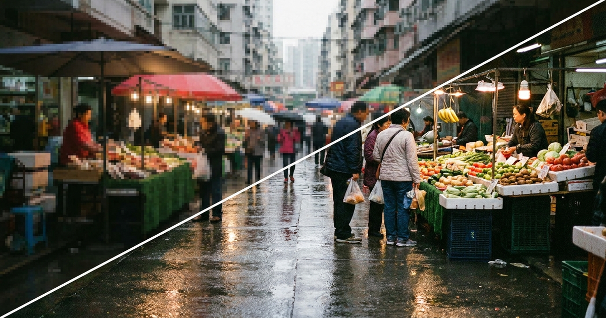 A blurry low-resolution photo sharpening into a detailed one across a diagonal split, representing AI upscaling reconstructing detail A blurry low-resolution photo sharpening into a detailed one across a diagonal split, representing AI upscaling reconstructing detail