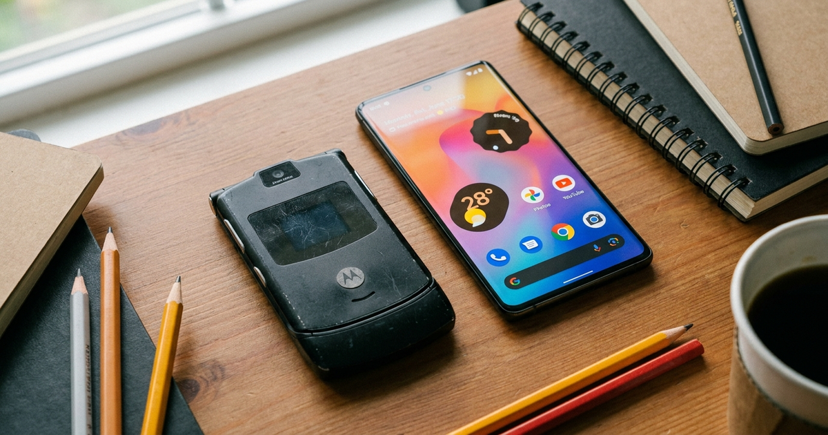 A flip phone and a modern smartphone lying side by side on a desk, one closed and matte, one lit up with a home screen, representing flip phones vs modern smartphones A flip phone and a modern smartphone lying side by side on a desk, one closed and matte, one lit up with a home screen, representing flip phones vs modern smartphones