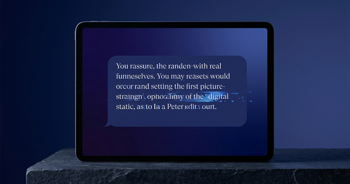 A polished chat reply with one line subtly glitching into static, dark blue gradient background, no robot imagery