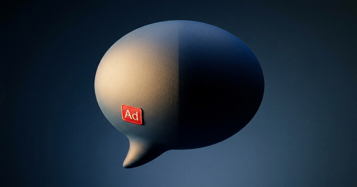 A chat bubble half-lit and half in shadow, one side showing a small ad tag, dark blue gradient background, no robot imag A chat bubble half-lit and half in shadow, one side showing a small ad tag, dark blue gradient background, no robot imag