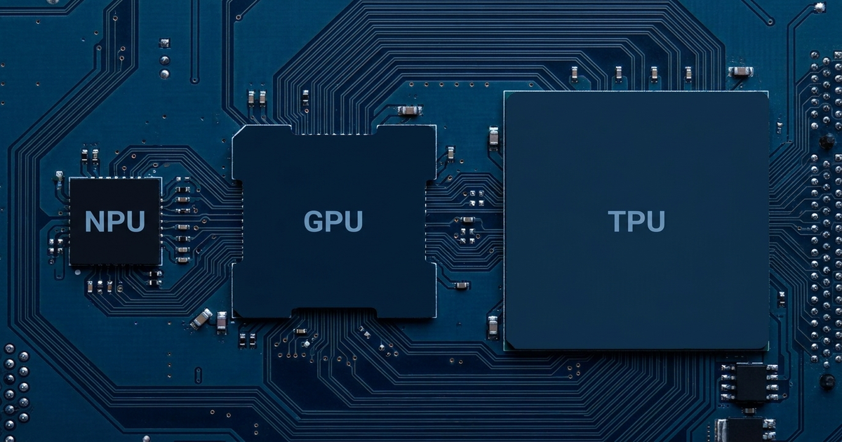 Three labeled chip silhouettes side by side — a small low-power chip (NPU), a larger multi-core chip (GPU), and a data-c Three labeled chip silhouettes side by side — a small low-power chip (NPU), a larger multi-core chip (GPU), and a data-c