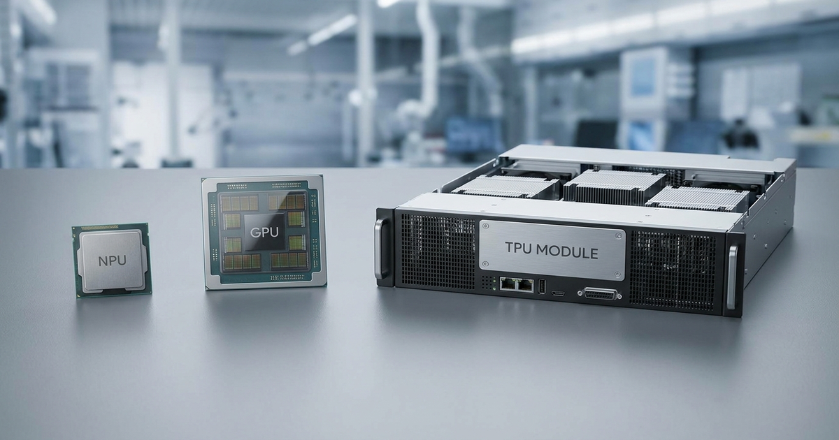 Three labeled chip silhouettes side by side, a small low-power NPU, a larger multi-core GPU, and a data-center-scale TPU module, representing the NPU vs GPU vs TPU comparison Three labeled chip silhouettes side by side, a small low-power NPU, a larger multi-core GPU, and a data-center-scale TPU module, representing the NPU vs GPU vs TPU comparison
