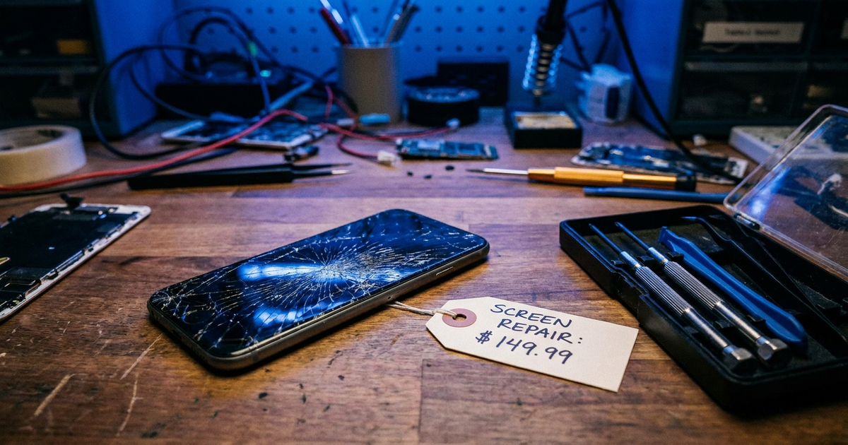 A cracked smartphone screen resting on a repair bench next to a price tag and small screwdriver set, dark blue-lit backg