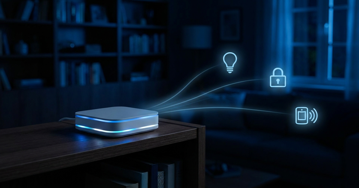 A small square smart home hub on a shelf with soft LED status lights, connected lines fading out to a bulb, lock, and se