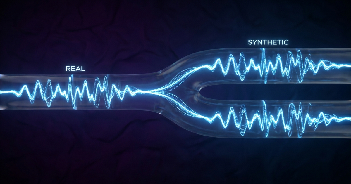 A soundwave splitting into two identical waveforms, one labeled real and one synthetic, dark blue gradient background, n