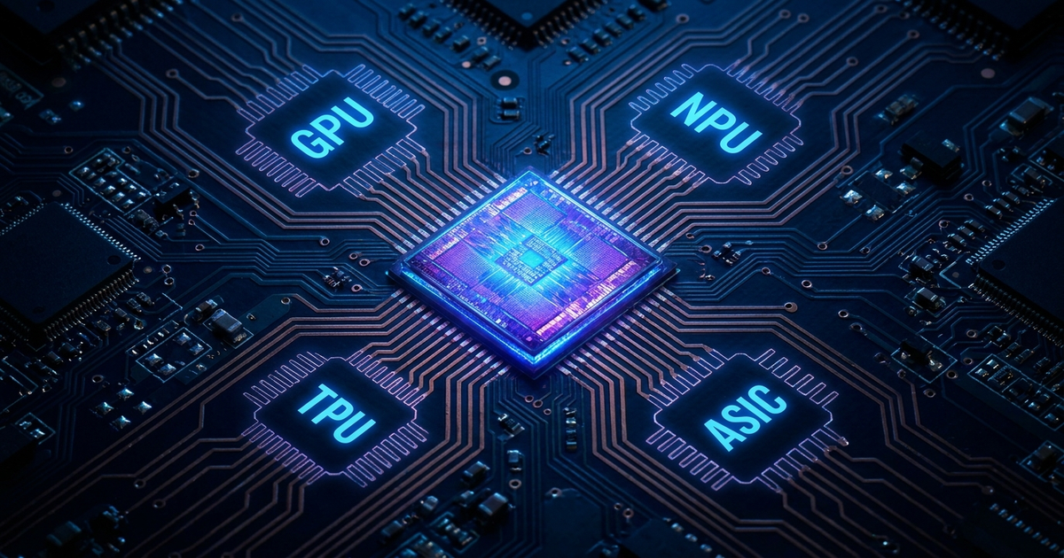 A single glowing chip die surrounded by four smaller labeled silhouette shapes (GPU, NPU, TPU, ASIC) branching off it, d