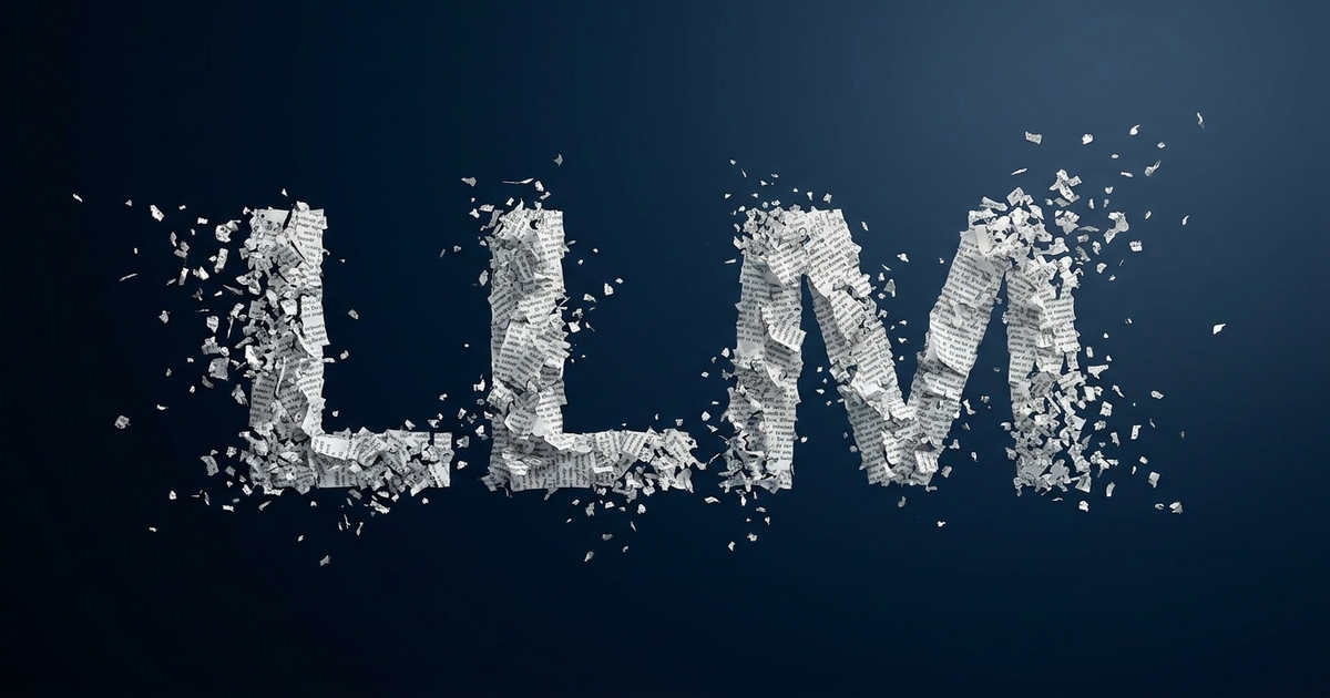 The letters 'LLM' formed from dissolving text fragments over a dark blue gradient, minimal, no robot imagery The letters 'LLM' formed from dissolving text fragments over a dark blue gradient, minimal, no robot imagery