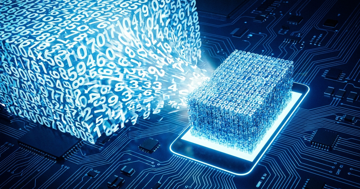 A large glowing block of numbers compressing down into a smaller, denser block that fits inside a phone silhouette, dark A large glowing block of numbers compressing down into a smaller, denser block that fits inside a phone silhouette, dark