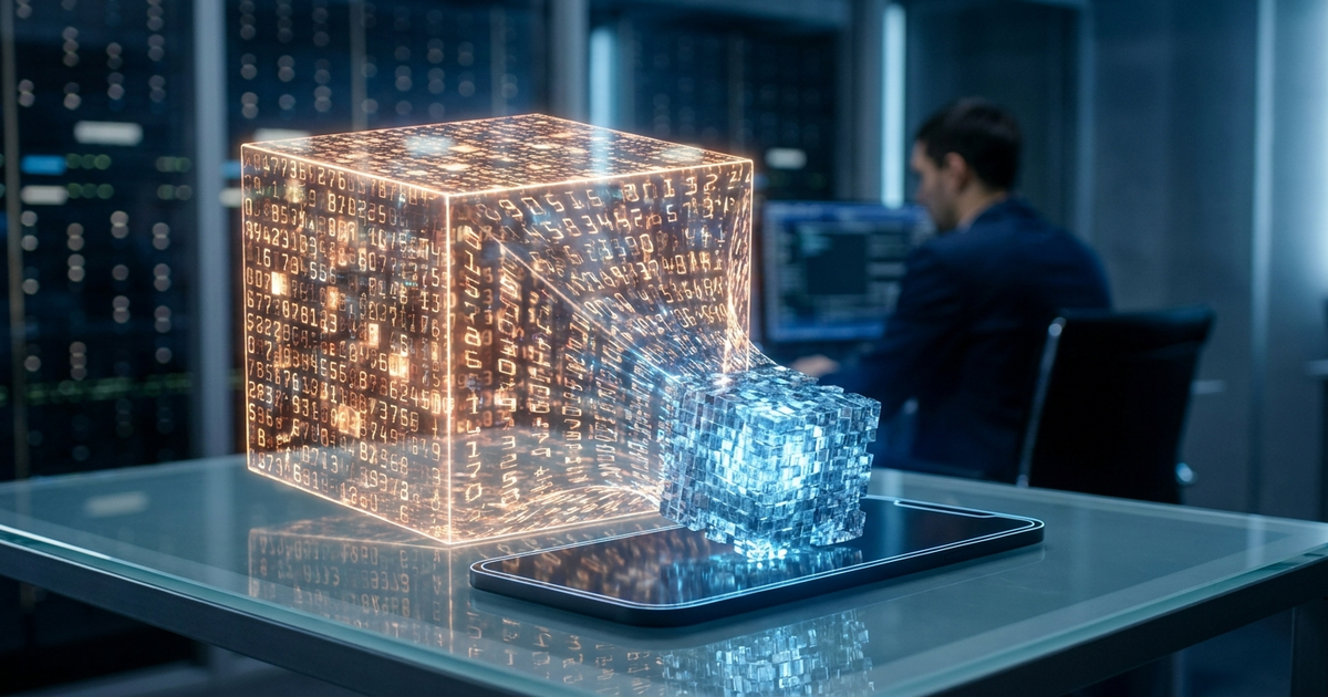 A large glowing block of numbers compressing down into a smaller, denser block that fits inside a phone silhouette, representing model quantization for on-device AI A large glowing block of numbers compressing down into a smaller, denser block that fits inside a phone silhouette, representing model quantization for on-device AI