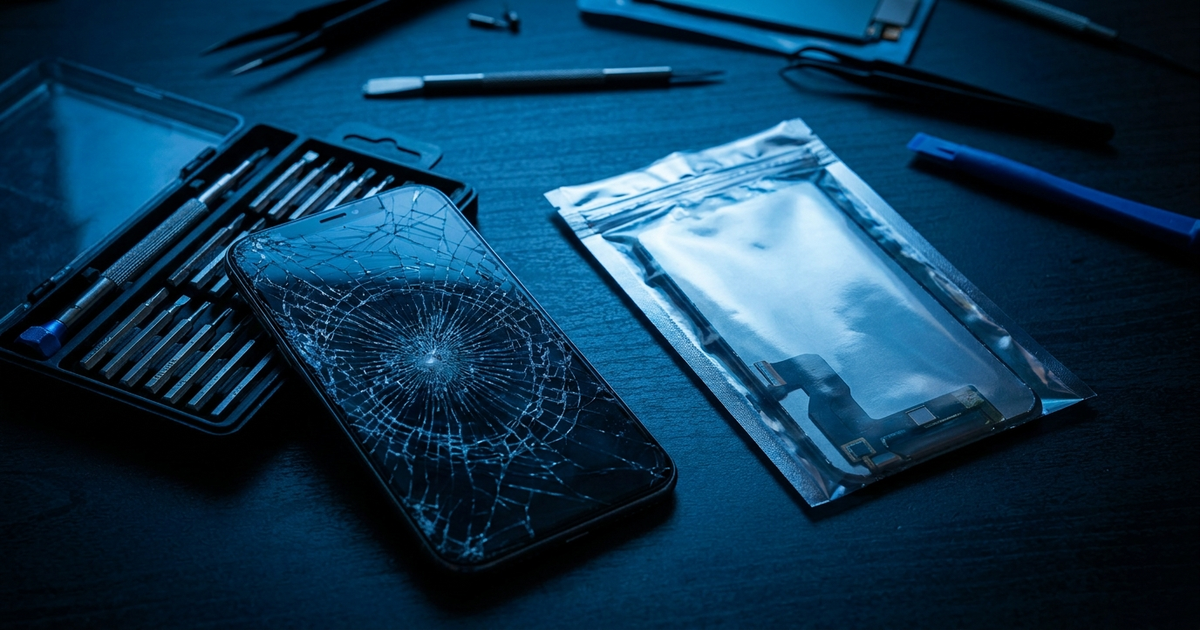 A cracked phone screen next to a small screwdriver set and a replacement part still in its anti-static bag, dark blue-li A cracked phone screen next to a small screwdriver set and a replacement part still in its anti-static bag, dark blue-li