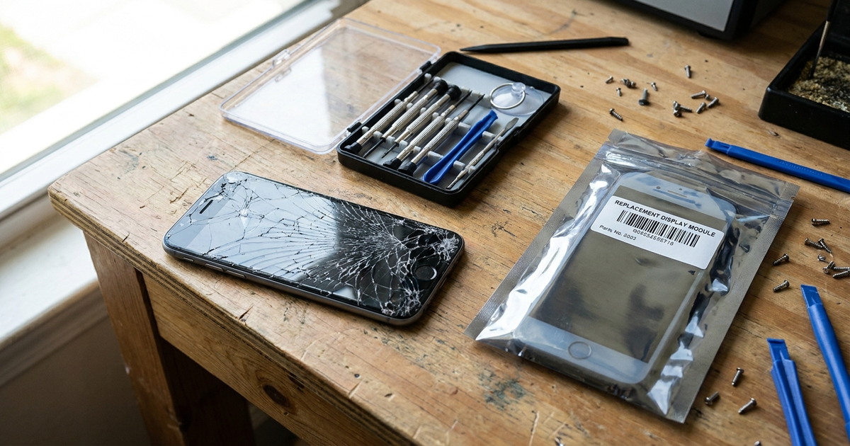 A cracked phone screen next to a small screwdriver set and a replacement part still in its anti-static bag, representing what is right to repair A cracked phone screen next to a small screwdriver set and a replacement part still in its anti-static bag, representing what is right to repair