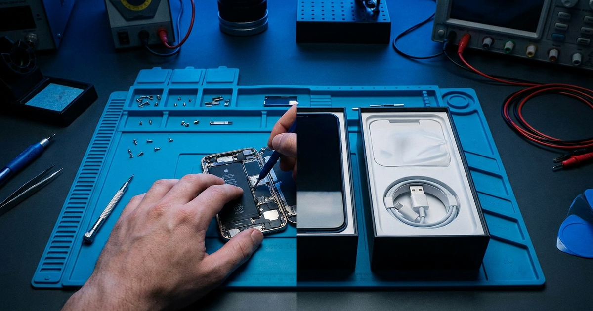 A smartphone split down the middle — one half on a repair mat with tools, the other half boxed as new, dark blue-lit bac A smartphone split down the middle — one half on a repair mat with tools, the other half boxed as new, dark blue-lit bac