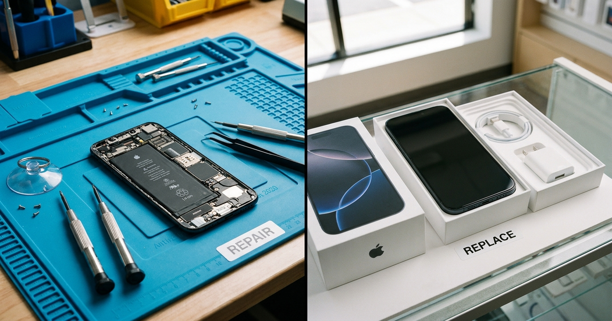 A smartphone split down the middle, one half on a repair mat with tools and the other half boxed as new, representing the decision of when to replace vs repair your phone A smartphone split down the middle, one half on a repair mat with tools and the other half boxed as new, representing the decision of when to replace vs repair your phone