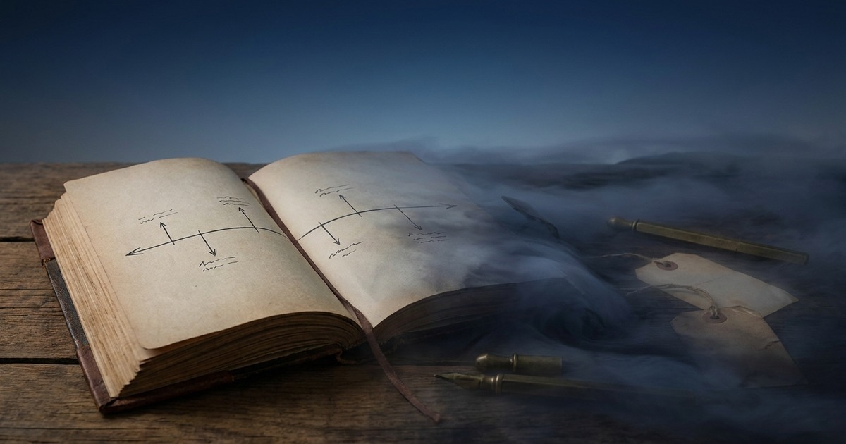 A calendar or timeline graphic fading into fog toward the future, dark blue gradient, no robot imagery