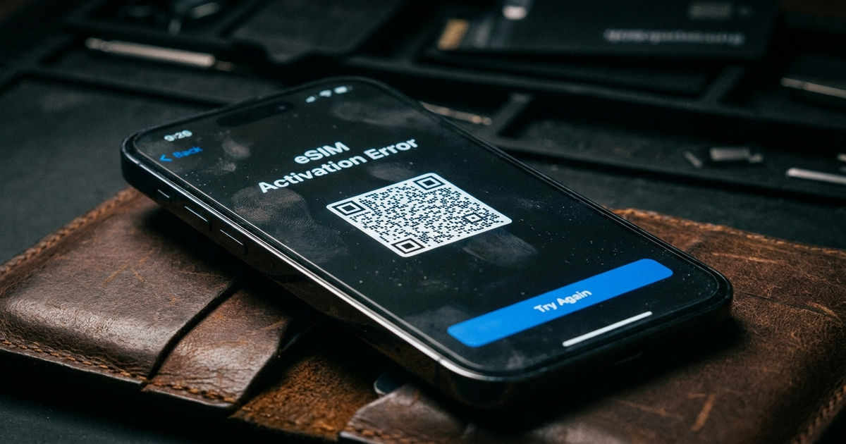 Phone screen showing an eSIM activation error next to a QR code, dark background Phone screen showing an eSIM activation error next to a QR code, dark background