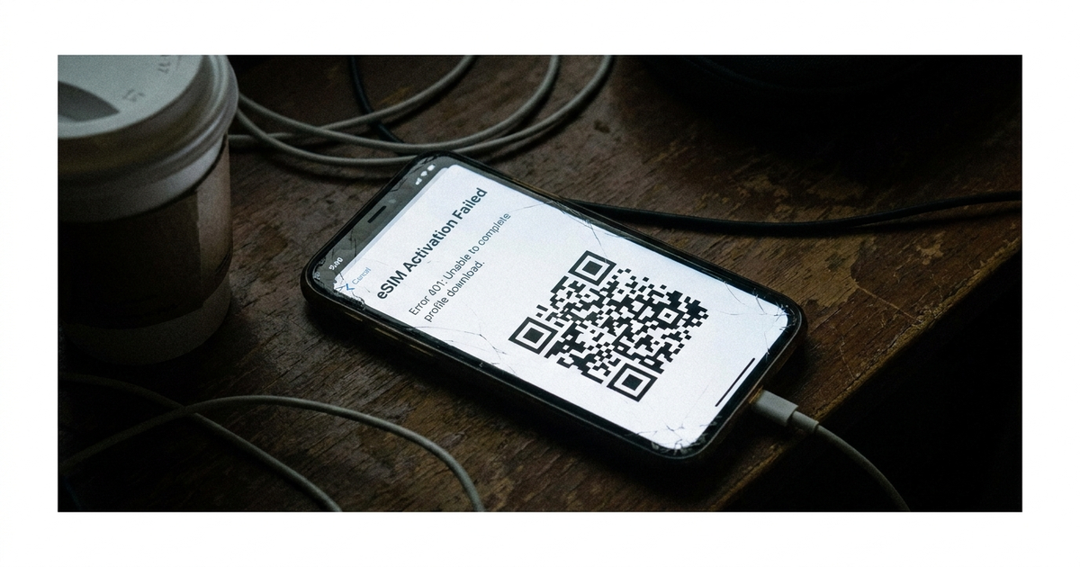 Phone screen showing an eSIM activation error next to a QR code, dark background Phone screen showing an eSIM activation error next to a QR code, dark background