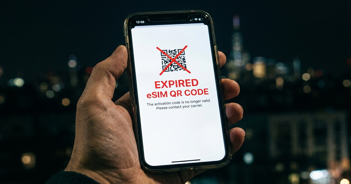 Phone screen showing an 'expired' eSIM QR code error, dark background Phone screen showing an 'expired' eSIM QR code error, dark background