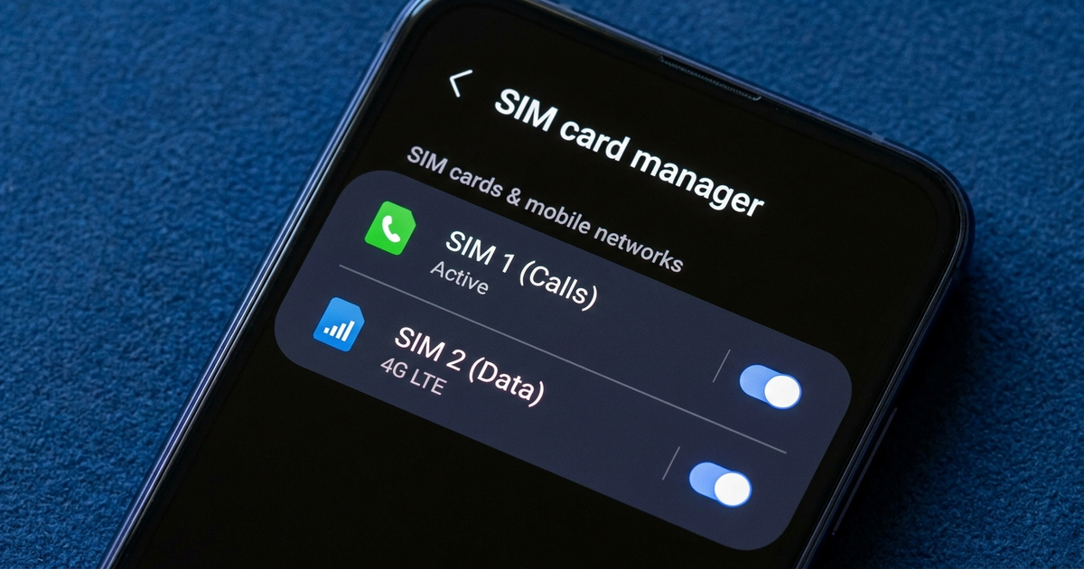 Phone screen showing a SIM manager settings menu with two SIM cards listed, one labeled Calls and the other Data, dark b