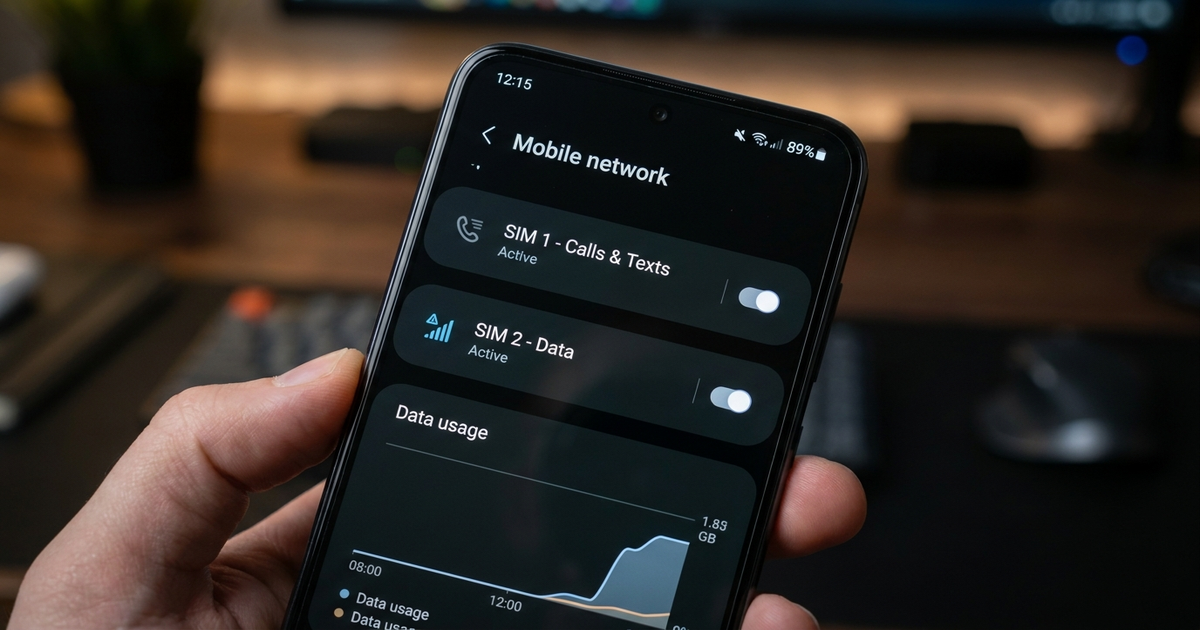 Phone settings screen showing two active SIM lines, one labeled Calls & Texts and one labeled Data, dark background Phone settings screen showing two active SIM lines, one labeled Calls & Texts and one labeled Data, dark background