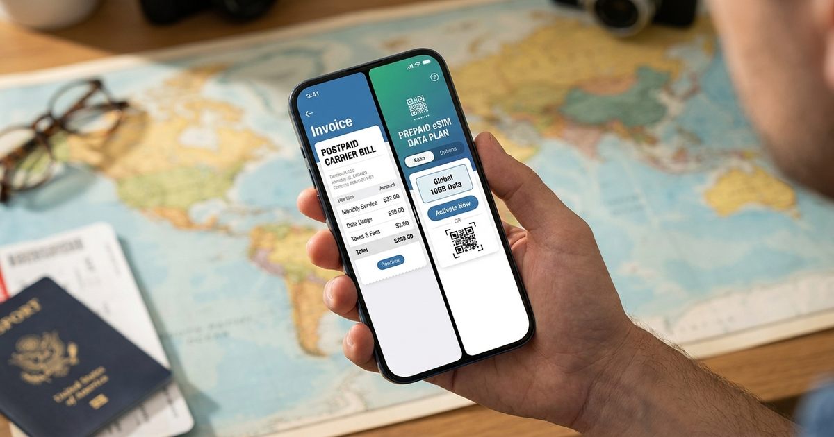Split phone screen showing a postpaid carrier bill on one side and a prepaid eSIM data plan on the other, world map back