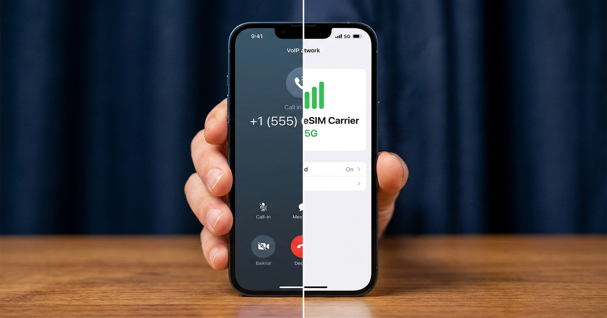 Split-screen phone showing a VoIP app number on one side and a carrier eSIM signal bar on the other, dark blue backgroun