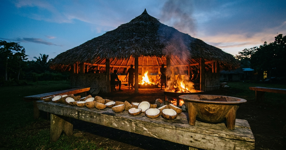 Thatched nakamal meeting house at dusk, kava shells on a wooden bench, warm firelight Thatched nakamal meeting house at dusk, kava shells on a wooden bench, warm firelight