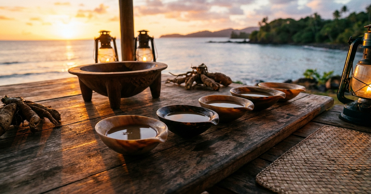 Five kava shells lined up on a wooden table at dusk, warm amber tones Five kava shells lined up on a wooden table at dusk, warm amber tones