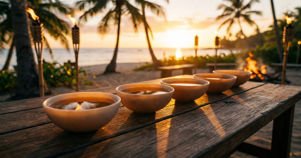 Five kava shells lined up on a wooden table at dusk, warm amber tones Five kava shells lined up on a wooden table at dusk, warm amber tones