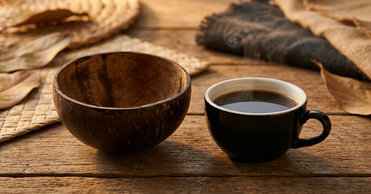 Kava shell beside a black coffee cup, warm amber and dark roast tones