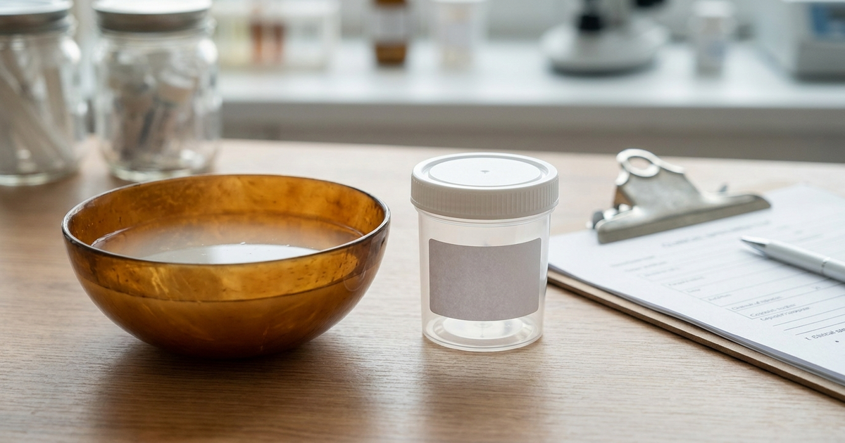 Kava shell beside a clinical specimen cup and clipboard, amber and clinical white tones Kava shell beside a clinical specimen cup and clipboard, amber and clinical white tones