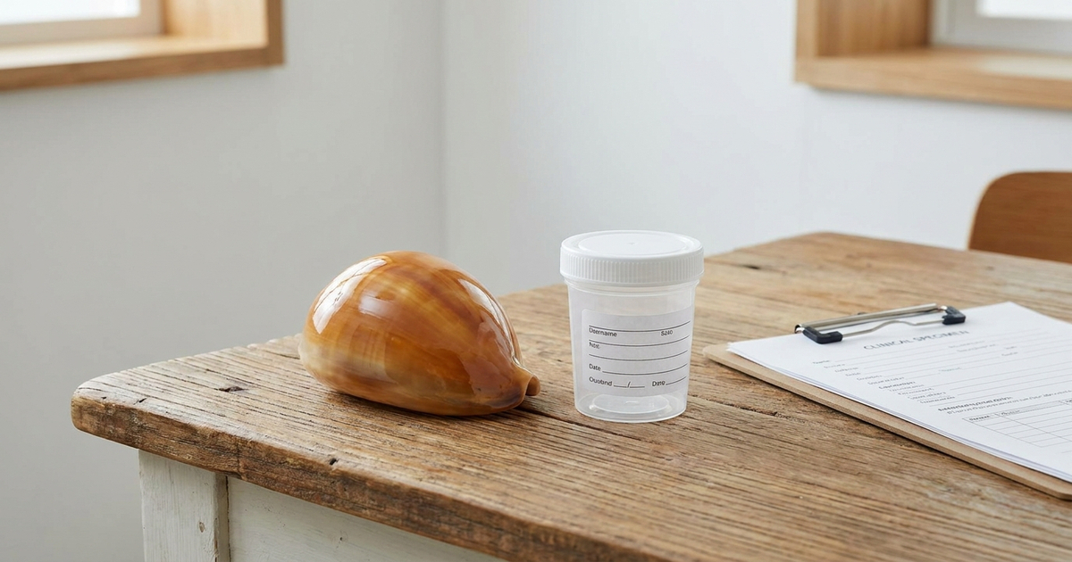 Kava shell beside a clinical specimen cup and clipboard, amber and clinical white tones Kava shell beside a clinical specimen cup and clipboard, amber and clinical white tones