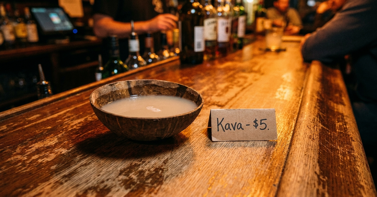 A filled kava shell on a bar counter beside a small handwritten price tag, warm amber bar lighting A filled kava shell on a bar counter beside a small handwritten price tag, warm amber bar lighting
