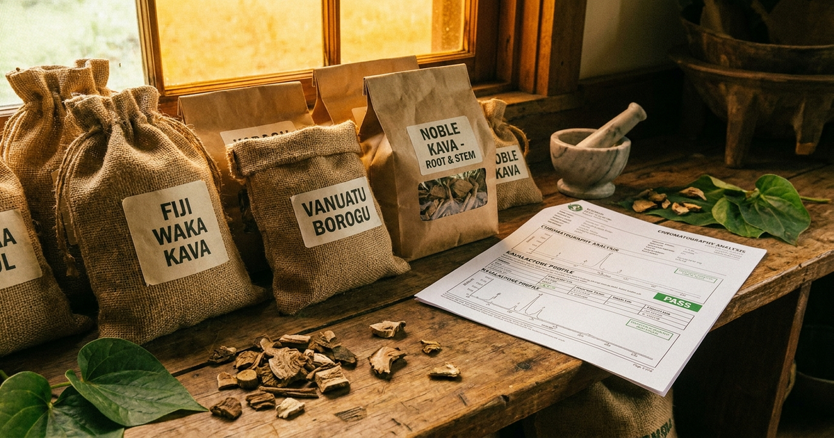 Labeled kava root bags beside a printed lab report on a wooden counter, warm amber and green tones Labeled kava root bags beside a printed lab report on a wooden counter, warm amber and green tones