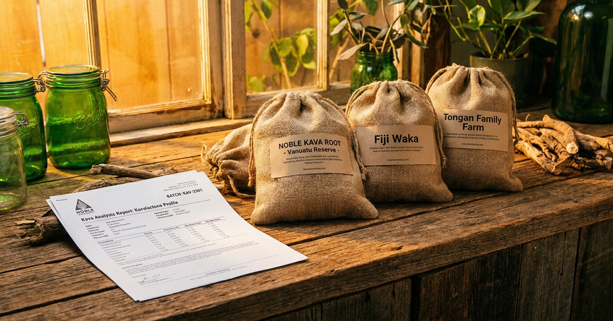 Labeled kava root bags beside a printed lab report on a wooden counter, warm amber and green tones Labeled kava root bags beside a printed lab report on a wooden counter, warm amber and green tones