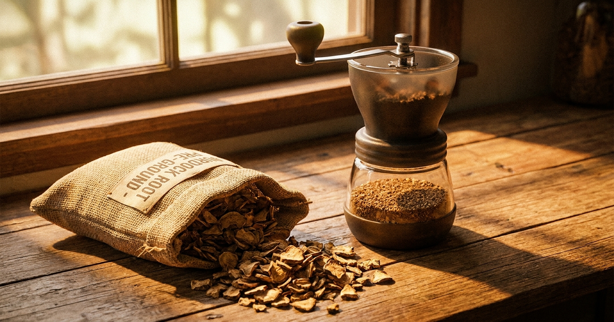 Manual grinder, bag of pre-ground powder, and loose root chips on a wooden counter, warm amber tones Manual grinder, bag of pre-ground powder, and loose root chips on a wooden counter, warm amber tones