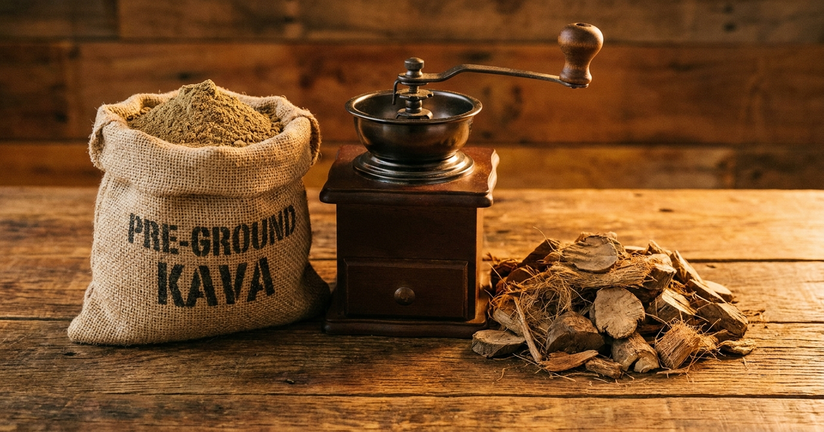 A manual grinder next to a bag of pre-ground kava powder and loose whole root chips on a wooden counter, warm amber tones A manual grinder next to a bag of pre-ground kava powder and loose whole root chips on a wooden counter, warm amber tones
