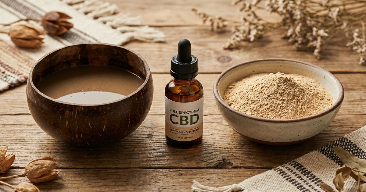 Kava shell, CBD tincture dropper, and ashwagandha root powder side by side, warm neutral tones