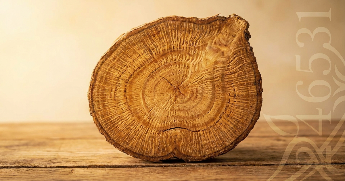 Kava root cross-section with a six-digit chemotype code overlay, warm amber tones