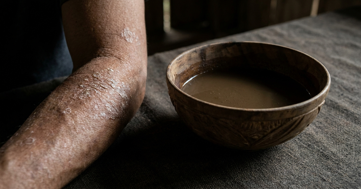 Close-up of dry, scaly skin texture on forearm next to a kava bowl, dark background Close-up of dry, scaly skin texture on forearm next to a kava bowl, dark background