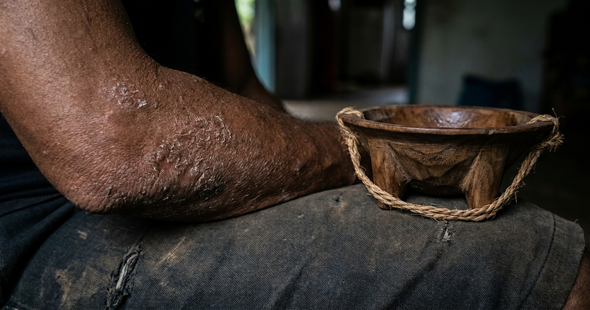 Close-up of dry, scaly skin texture on a forearm beside a traditional kava bowl, dark background Close-up of dry, scaly skin texture on a forearm beside a traditional kava bowl, dark background