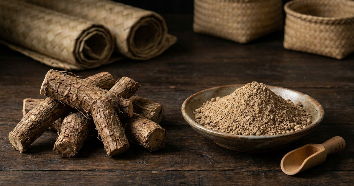 Fijian waka lateral root pieces beside ground kava powder, thick fibrous roots visible, dark background Fijian waka lateral root pieces beside ground kava powder, thick fibrous roots visible, dark background