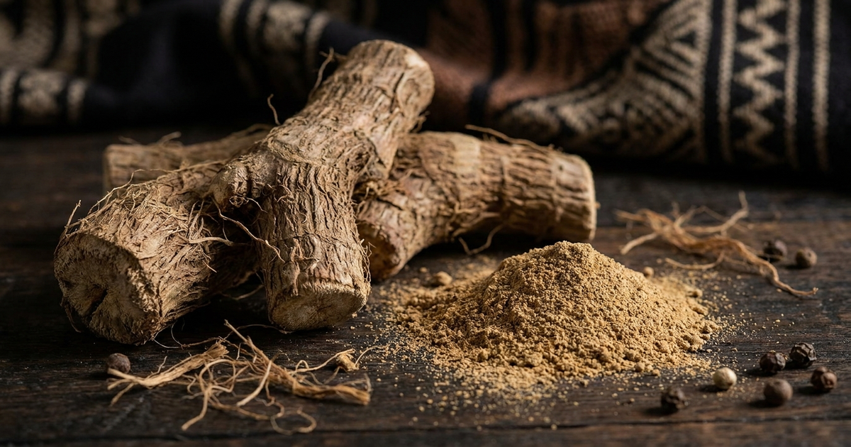 Fijian waka lateral root pieces beside ground kava powder, thick fibrous roots visible, dark background Fijian waka lateral root pieces beside ground kava powder, thick fibrous roots visible, dark background