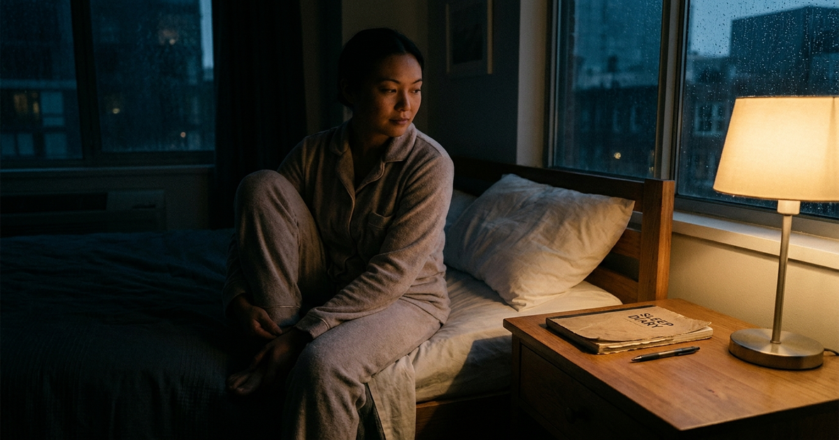 Person sitting on the edge of a bed at night with a sleep diary notebook and pen on the nightstand, dim lamp light, calm expression Person sitting on the edge of a bed at night with a sleep diary notebook and pen on the nightstand, dim lamp light, calm expression